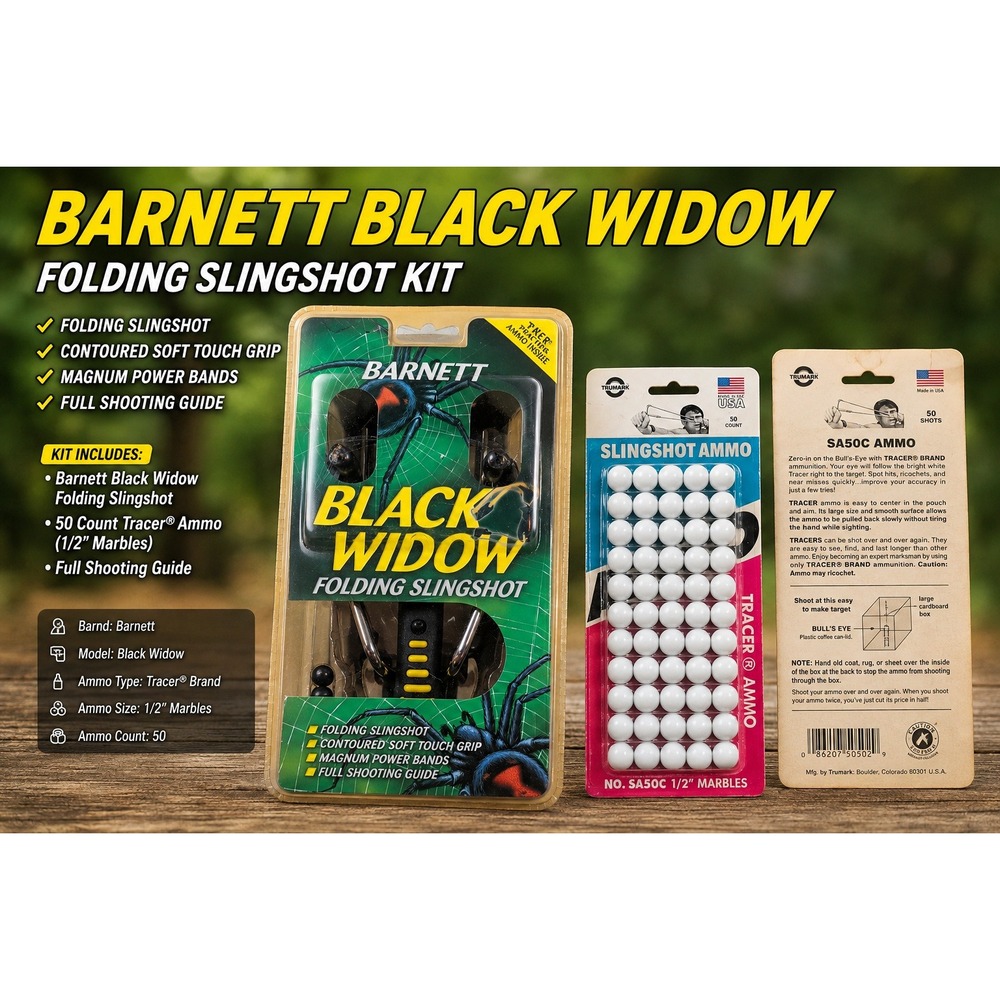 Barnett Black Widow Folding Slingshot with Trumark 1/2 Inch Marble Ammo 50 Count